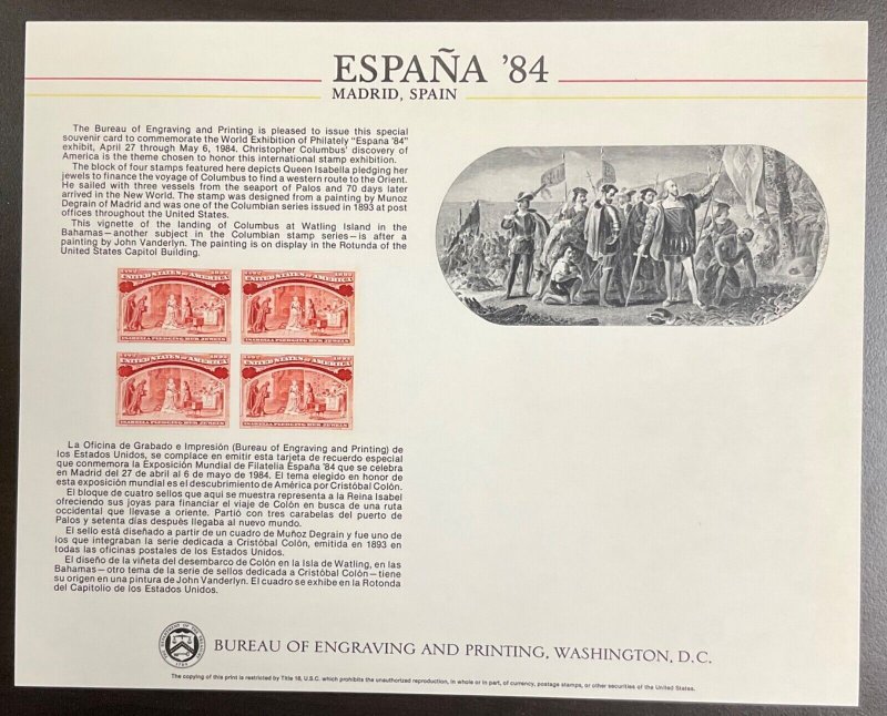 BEP B66 Souvenir Card Espana 1984, unused w/envelope