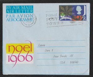 GREAT BRITAIN Aerogramme 9d Queen & Plant 1966 London cancel to USA!