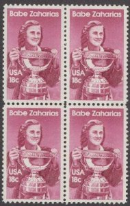 1981 Babe Zaharias, Golf, Block Of 4 18c Postage Stamps, Sc# 1932, MNH, OG