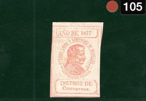 MEXICO Revenue Stamp *CUERNAVACA* Contribucion Personal 1877 Mint MNG BROWN105