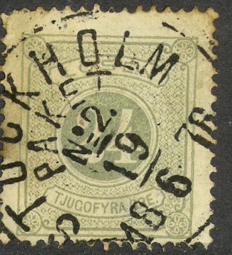 SWEDEN 1874 24o Perf.14 POSTAGE DUE Sc J8 w TPO STOCKHOLM PAKET 2 Full Date Used