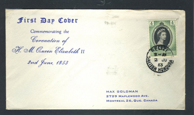 British Honduras 1953 QEII Coronation on First Day Cover.