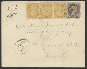 1897 Registered Cover Wood Green (MDX) ONT to Toronto #42 5c SQ + 3x 1c SQ RPO