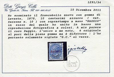 Italian Levant-Victor Emmanuel II Cent. 10 blue overprint by hand Sage