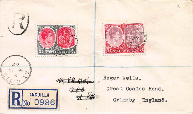 St. Kitts Nevis, Scott #82 and 84, Used on 1942 Registered Cover to England