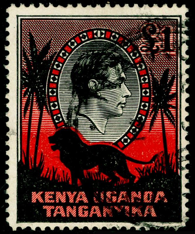 KENYA UGANDA TANGANYIKA SG150a, £1 Black & Red Perf 14, FU. Cat £25.