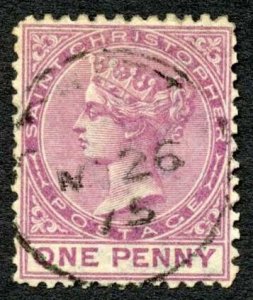 St Kitts-Nevis SG1 1d Dull Rose Wmk Crown CC Perf 12.5 Fine used Cat 50 pounds