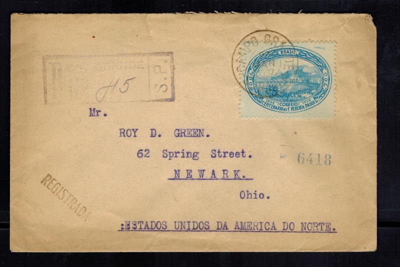 1937 Santos Brazil Registered cover to Newark OH USA Commercial Bank of Sao Paul