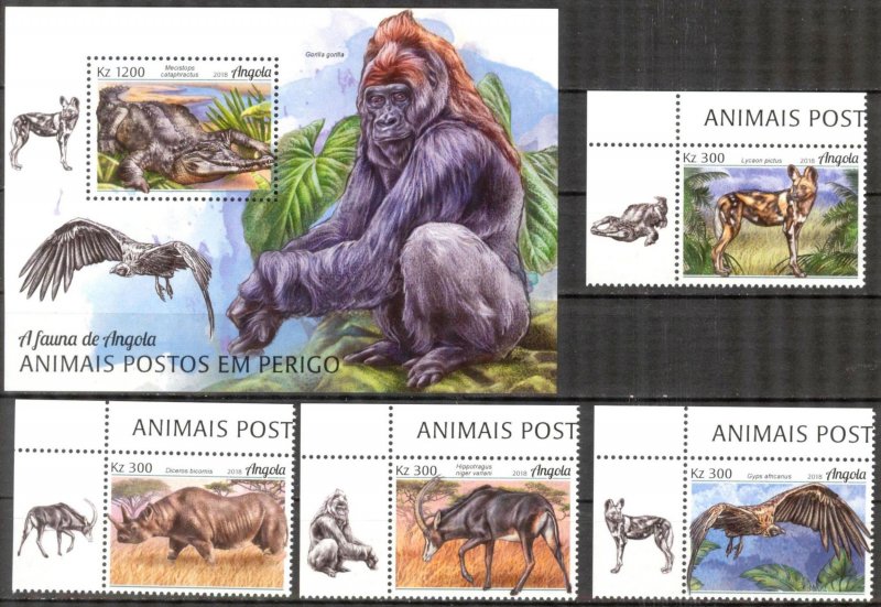 Angola 2018 Endangered Species Rhinoceros Hyenas Birds Set of 4 + S/S MNH