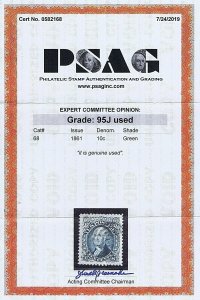 SC# 68 USED 10C WASHINGTON 1861 PARTIAL TARGET CANCEL 2019 PSAG CERT GRADED 95J