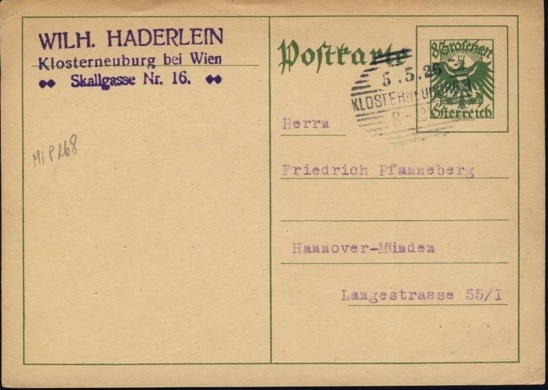 AUTRICHE / AUSTRIA 1925 MiP268 CARTE POSTALE 8Gr POSTAL CARD USED KLOSTERNEUBURG