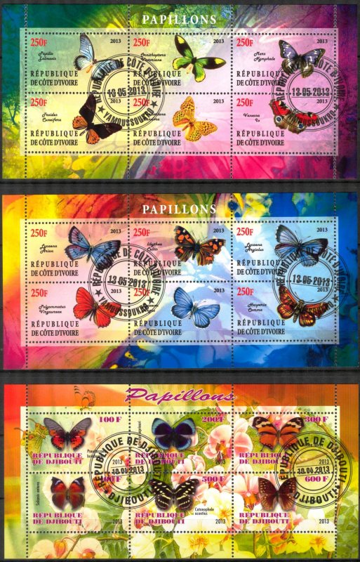 {g151} Ivory Coast Djibouti 2013 Butterflies 3 sh. Used / CTO Cinderella