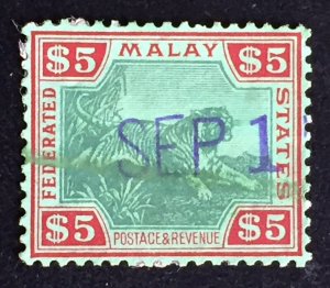 Malaya Federated Malay States FMS 1934 Tiger $5 Fine Used SG#81 M4172