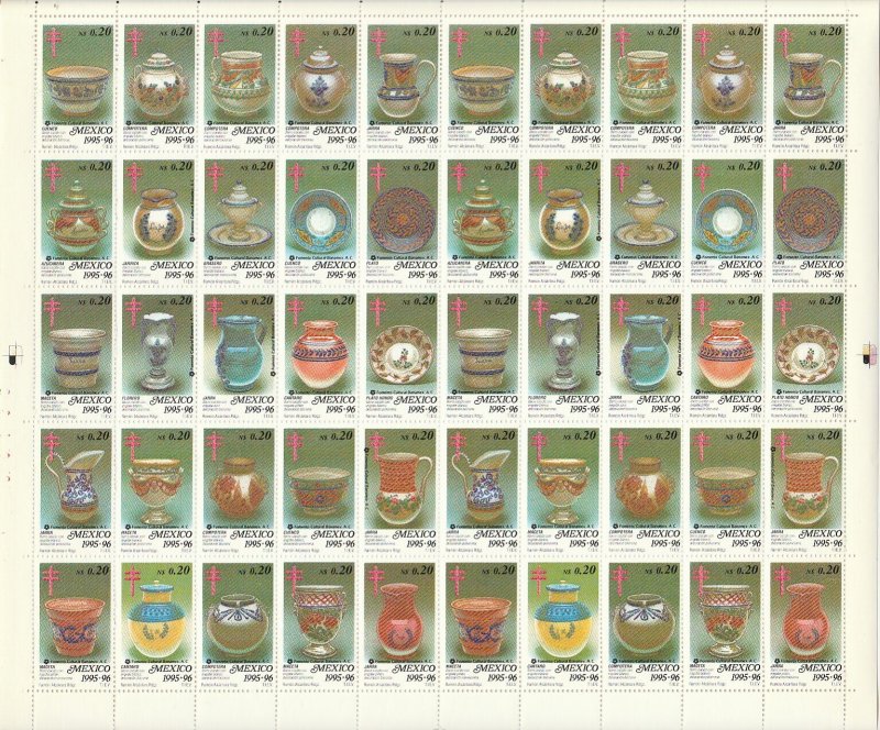 MEXICO TB SEALS, TB60, N$0.20 1995-96 SAYULA POTTERY MATE GUM FULL SHEET MNH VF