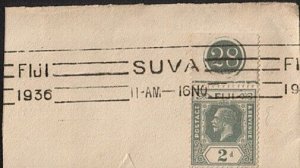 FIJI 1936 piece GV 2d with plate 28 in margin used Suva - unusual..........62753