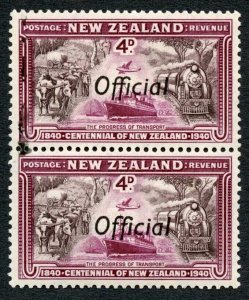 New Zealand Official 1940 SGO145a 4d Centennial JOINED ff in pair mint