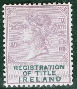 GB IRELAND QV REVENUE Stamp 6d Lilac *REGISTRATION OF TITLE* (1890) Mint WHITE55
