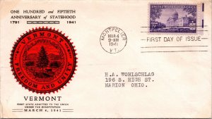 1941 FDC - 150th Anniv of VT Statehood - Better Cachet - Montpelier, VT - F32941