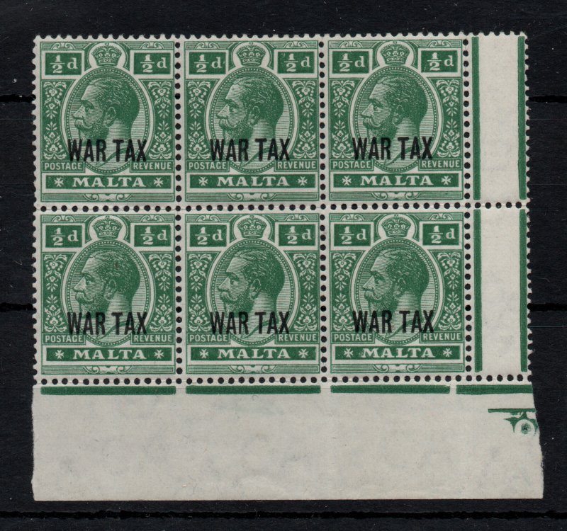 Malta KGV 1/2d War Tax MNH block WS43785