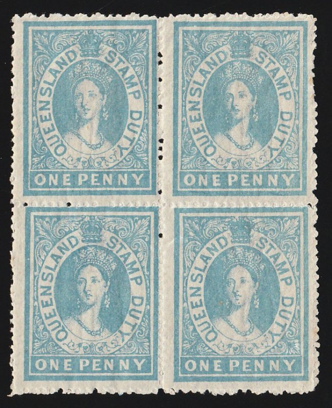 QUEENSLAND : 1866 QV Large Chalon Stamp Duty 1d Postal Fiscal block. MNH **.