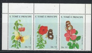 St Thomas 827 MNH 1988 Flowers strip of 3 (ap8965)