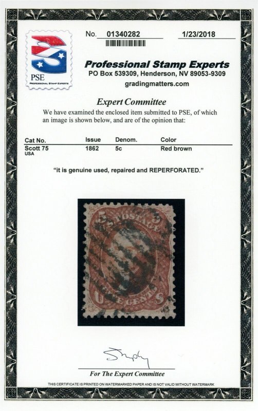 US Stamp #75 Washington 5c - PSE Cert - Used - CV $425.00
