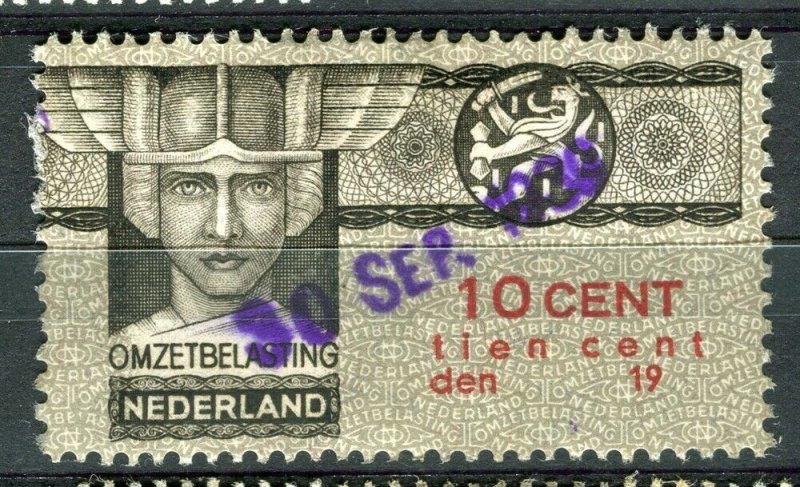 NETHERLANDS; 1940 early Omzetbelasting Revenue issue fine used 10c. value