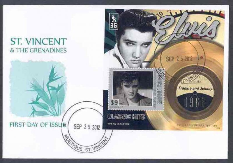 MUSTIQUE  2012 ELVIS PRESLEY 'FRANKIE & JOHNNY'  CLASSIC HITS S/S  FDC 