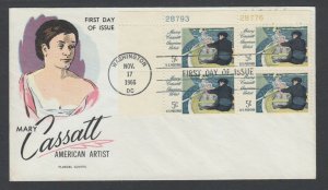 US Mel 1322-15 FDC 1966 Mary Cassatt, Plate Block, Fluegel Color Cachet