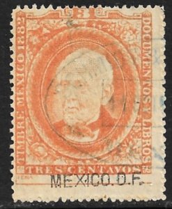 MEXICO REVENUES 1882 3c LAID PAPER DOCUMENTARY TAX MEXICO DF Control Used DO76