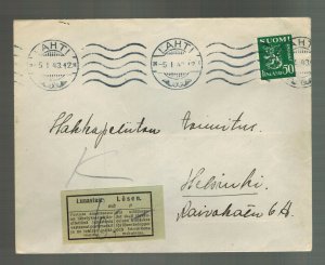 1943 Lahti Finland Cover to Helsinki Losen