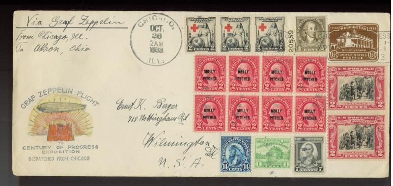 1933 Graf Zeppelin Century of Progress Chicago Cover Akron cancels