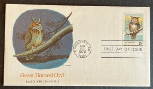 GREAT HORNED OWL #1763 AUG 26 1978 FAIRBANKS AK FIRST DAY COVER (FDC) BX 3-2