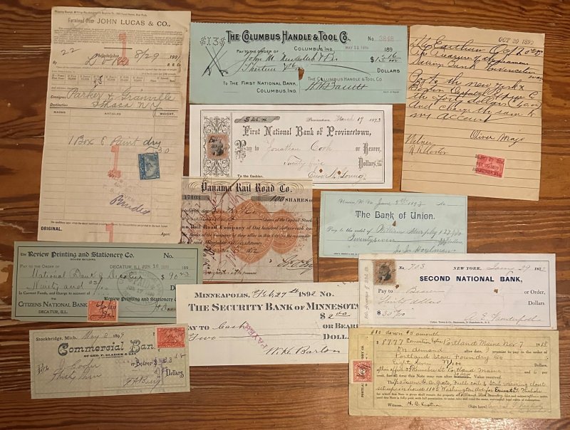 11 Documents, Mostly 1800s stamped, checks and other documents