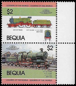 Bequia #29 MNH Se-Tenant Pair; $2 Locomotive - City of Truro (1984)