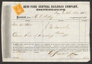 USA R15 REVENUE STAMP NEW YORK CENTRAL RAILROAD COMPANY RECEIPT 1865