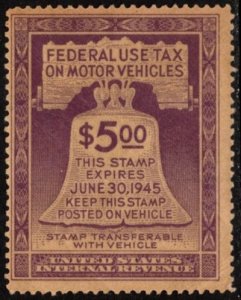 1944 US Scott #- RV30 $5.00 Motor Vehicle Use Tax Liberty Bell Used