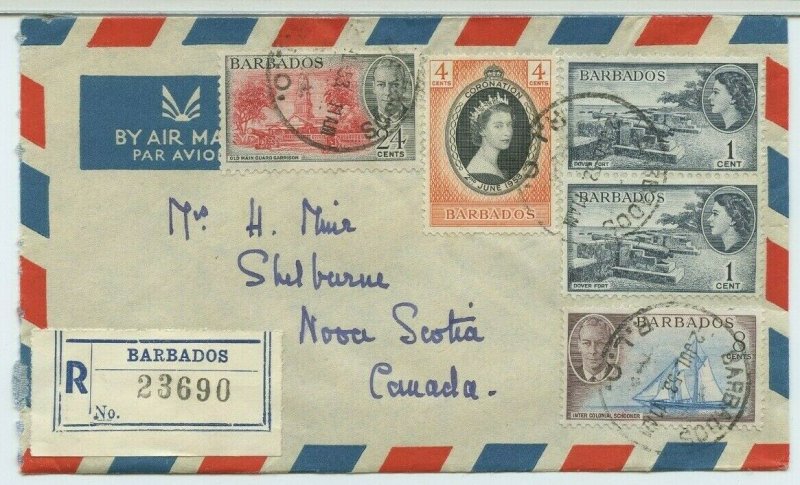 BARBADOS Air Mail Reg 38c cover  to Shelburne NS Canada