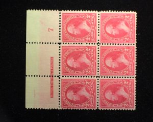 HS&C: Scott #250 Fresh plate block of 6, imprint and PL#7 Mint F/VF LH