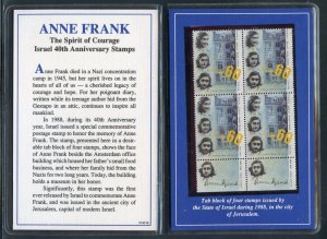 ISRAEL 1988 OFFICIAL ANNE FRANK COMMEMORATIVE DESCRIPTIVE FOLDER W/BLOCK MINT NH