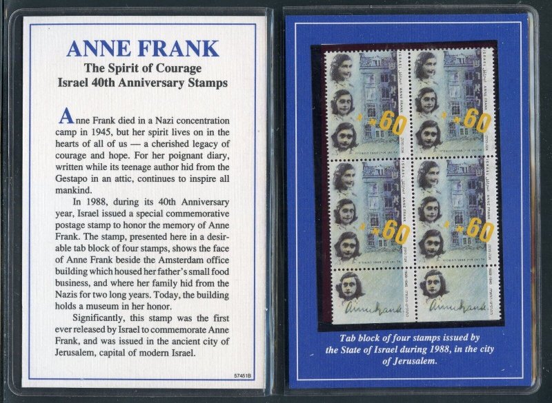 ISRAEL 1988 OFFICIAL ANNE FRANK COMMEMORATIVE DESCRIPTIVE FOLDER W/BLOCK MINT NH