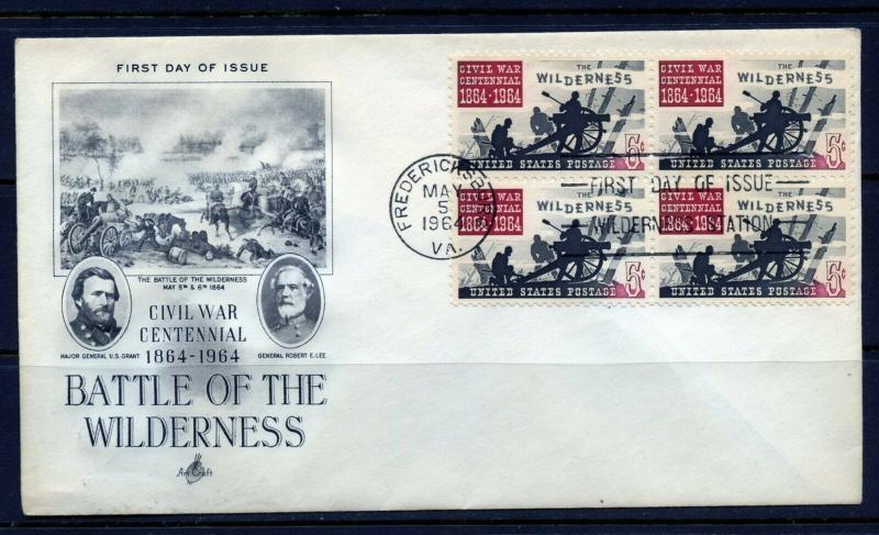 UNITED STATES 1964 BATTLE OF THE WILDERNESS BLOCK ON ARTCRAFT FIRST DAY COVER