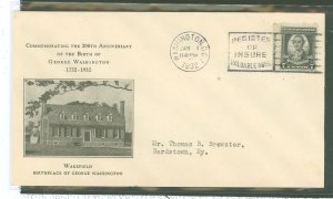 US 712 1932 7c George Washington (part of the Washington Bicentennial Series) single on an addressed (typed) FDC with a Rice cac