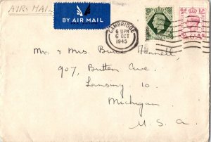 Great Britain 6d and 9d KGVI 1945 Cambridge Airmail to Lansing, Mich.  EUROPE...