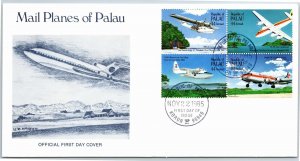 MAIL PLANES OF PALAU SET OF 4 AIRCRAFT ON CACHET FIRST DAY COVER 1985