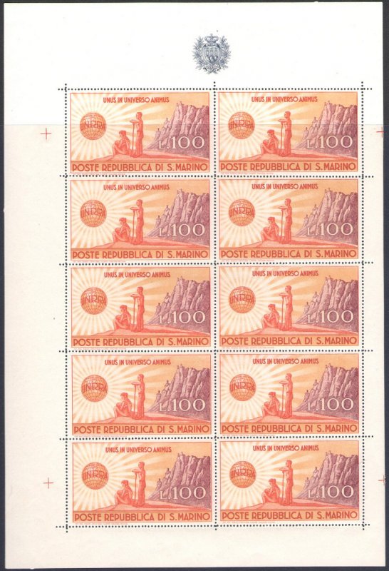 1946 San Marino, Sheetlet Unrra , N°6 - Gorgeous Without Pleat - MNH