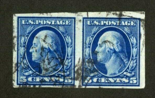 US Stamps # 347 5c Washington XF USED Choice Used Pair Strong Color