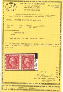U.S. #454 MINT PAIR WITH PF CERT