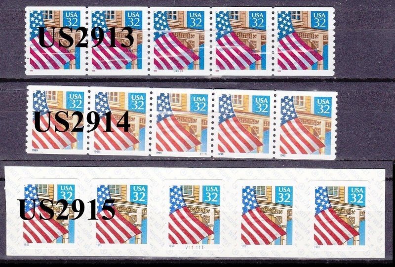 PNC5 32c Flag US 2913, US 2914, US 2915 Lot (3) MNH F-VF