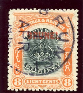 Brunei 1906 KEVII 8c black & vermilion very fine used. SG 17. Sc 7.